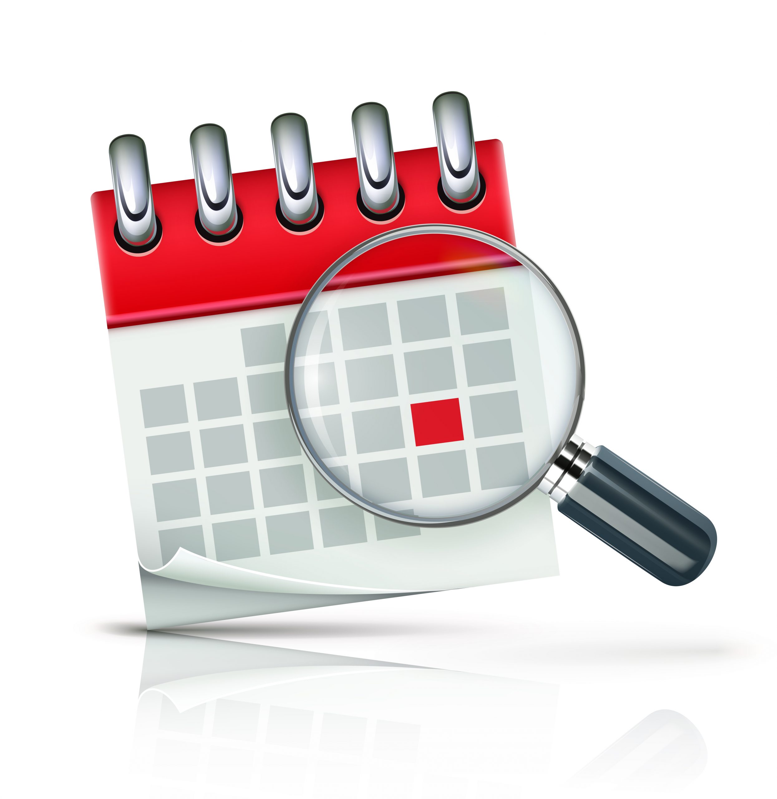 Illustration of a calendar with a magnifying glass pointing to one date