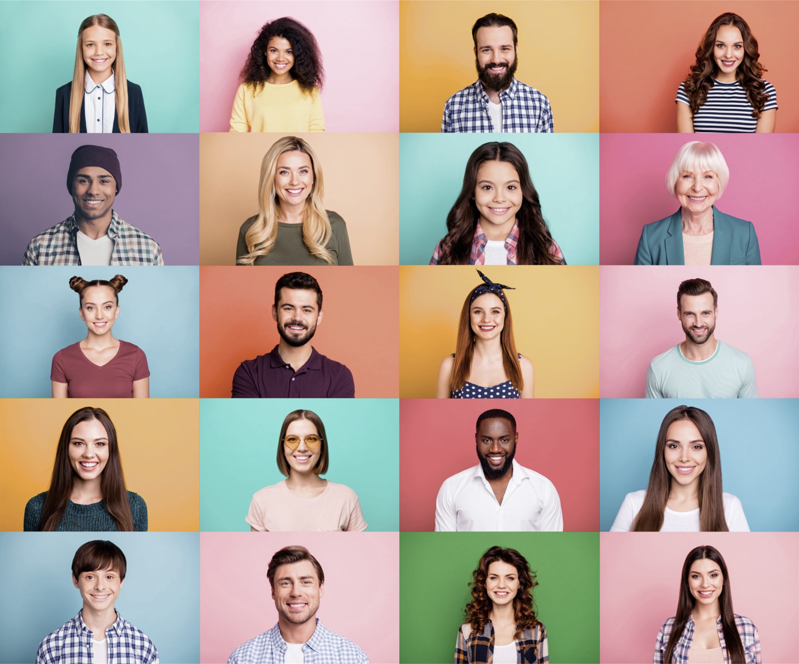 Various people of different ages and races smile in front of multi colored backgrounds