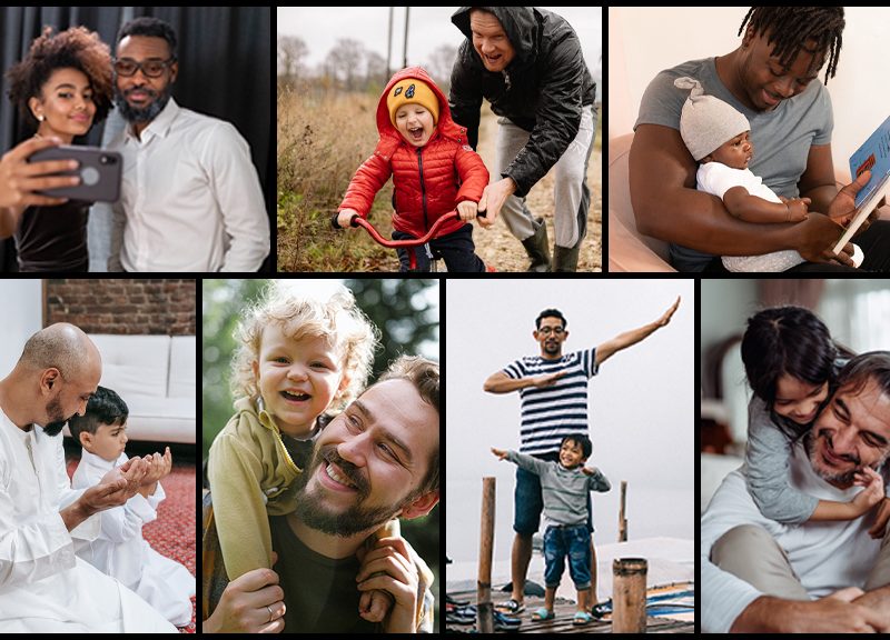 A collage of dads of various races interacting with their kids of various ages