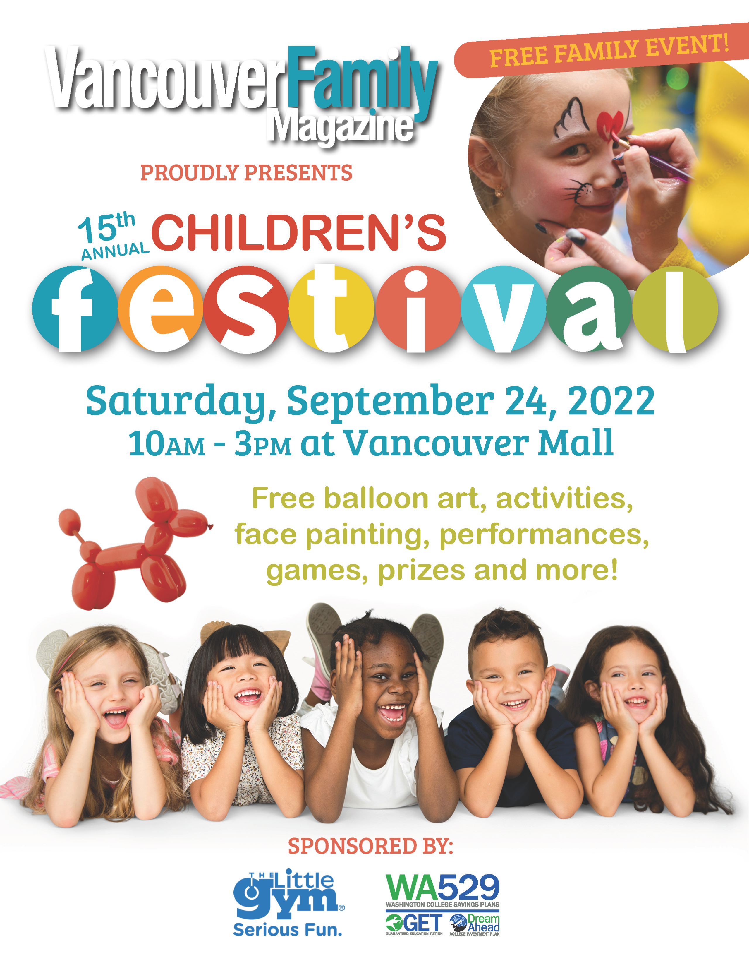 Poster for Children's Festival 2022 September 24, 2022 features 5 children of various ethnicities smiling with their chins in their hands