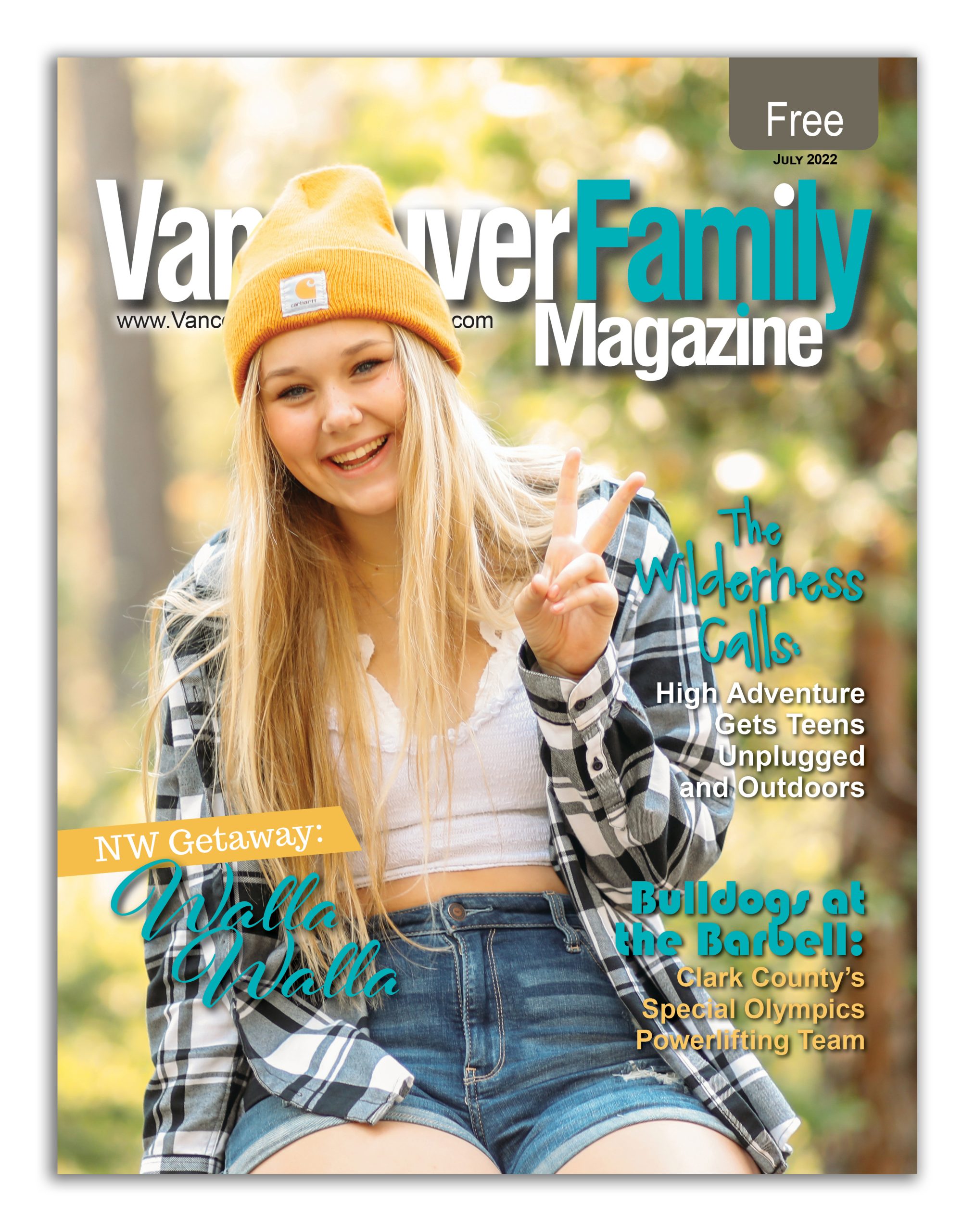 Vancouver Family Magazine's July 2022 issue cover features a teen girl with long blonde hair and a beanie cap smiling and making a "peace" sign with her left hand