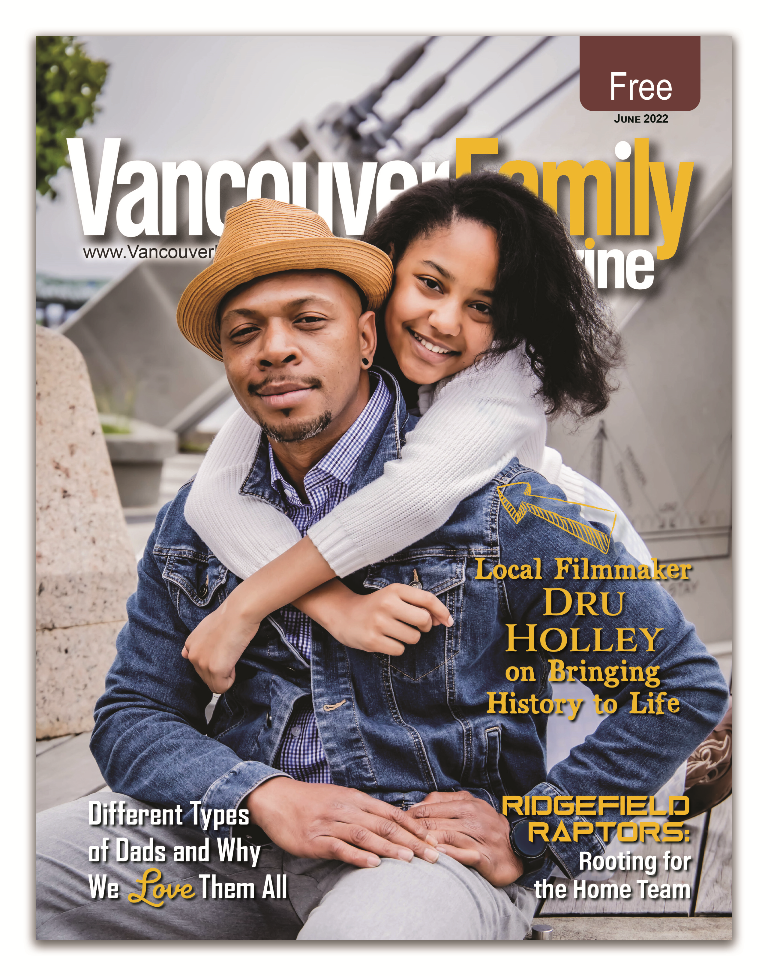Vancouver Family Magazine's June 2022 issue features a Black father (Dru Holley) with his daughter with the Grant Street Pier in the background