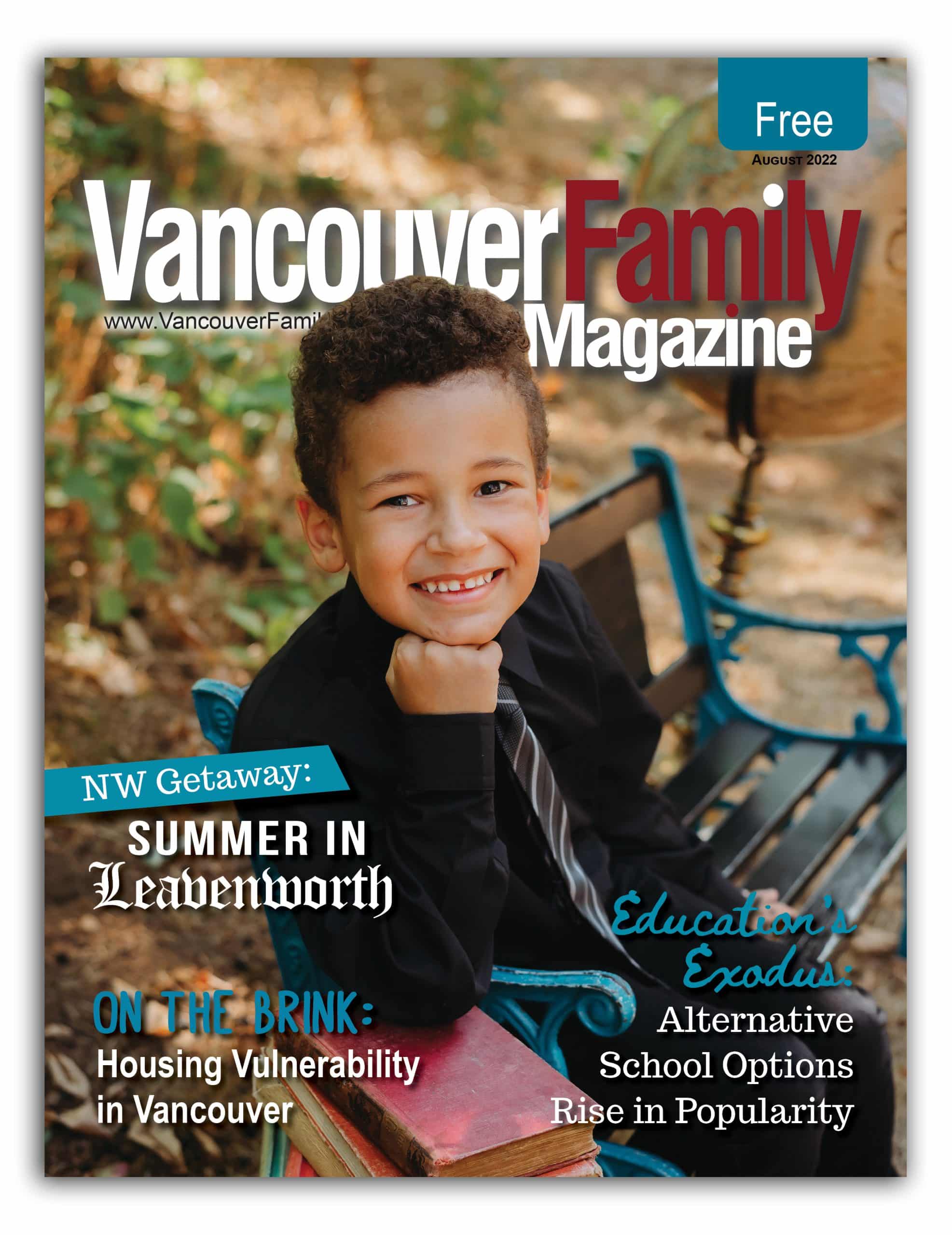 Vancouver Family Magazine August 2022 issue cover featuring a smiling boy sitting outside on a bench, with his head in his fist. His elbow rests on a pile of books.