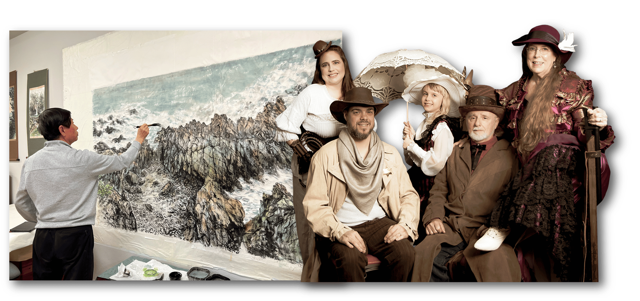 An artist paints a seascape and a family poses in historical garb