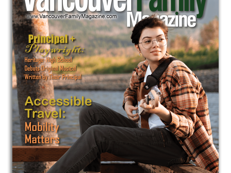 Vancouver Family Magazine November 2022 issue cover features a teen on a dock playing guitar