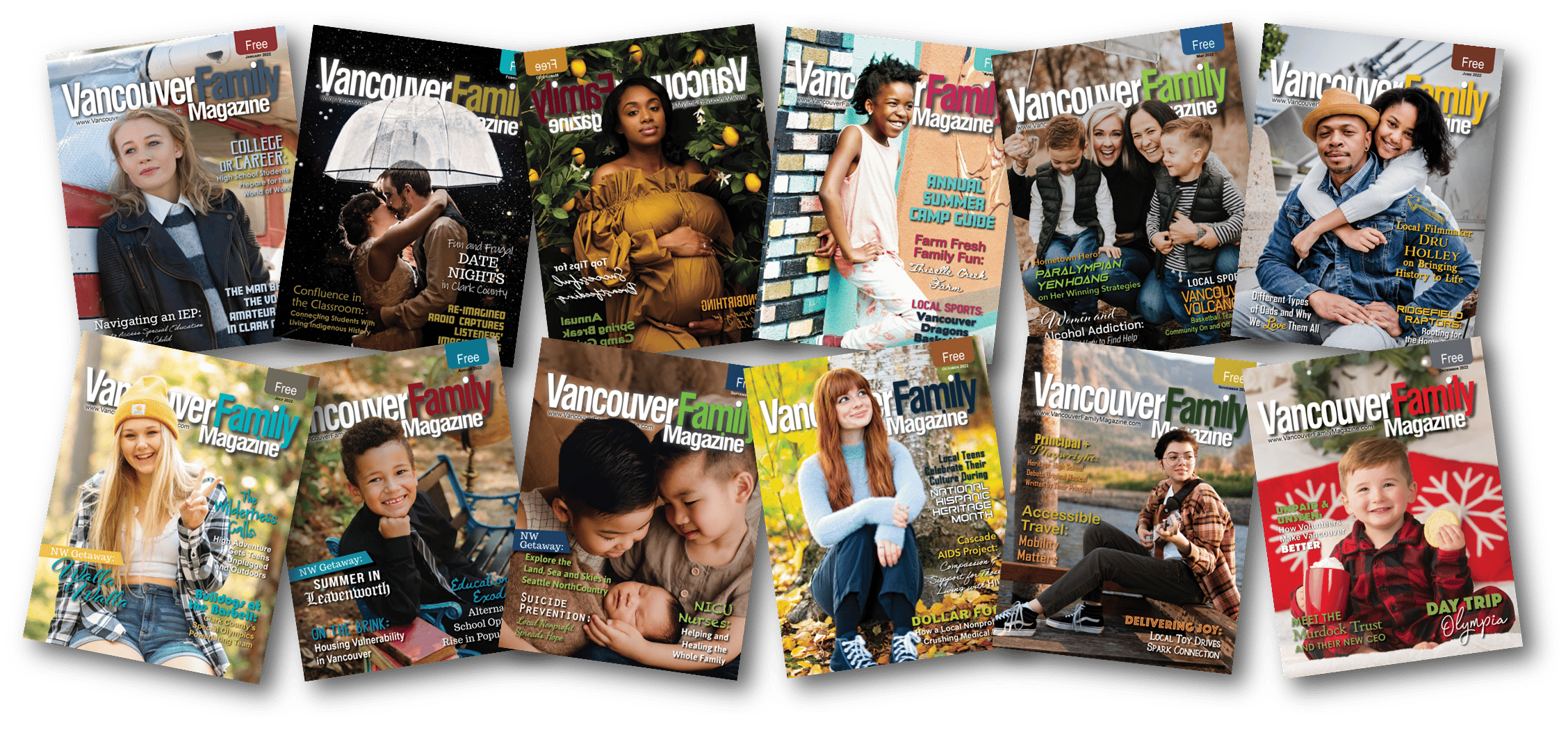 A collage of Vancouver Family Magazine 2022 issue covers