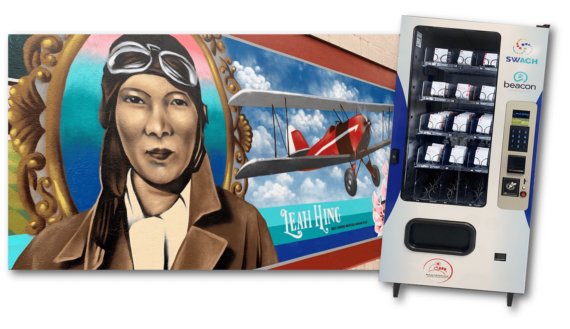 A mural painting of Leah Hing and a historic airplane; a vending machine