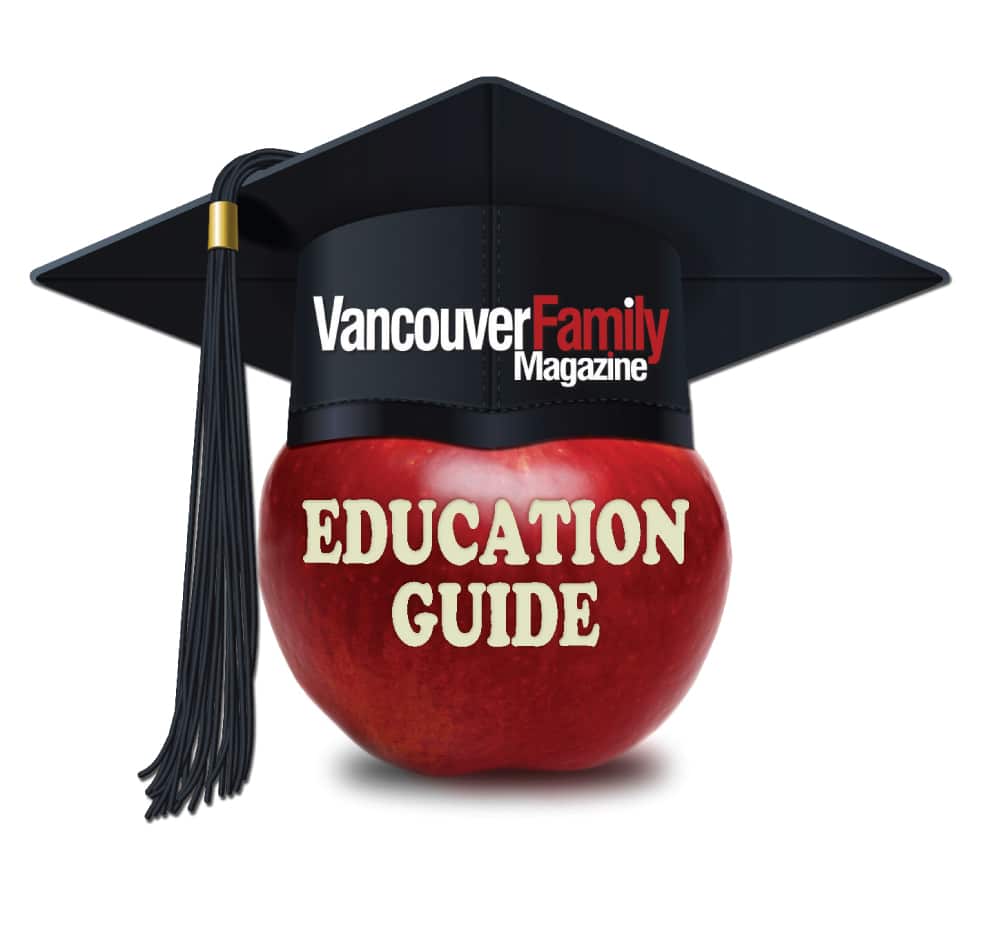 An apple with a graduation cap on top, with the words "Vancouver Family Magazine Education Guide"