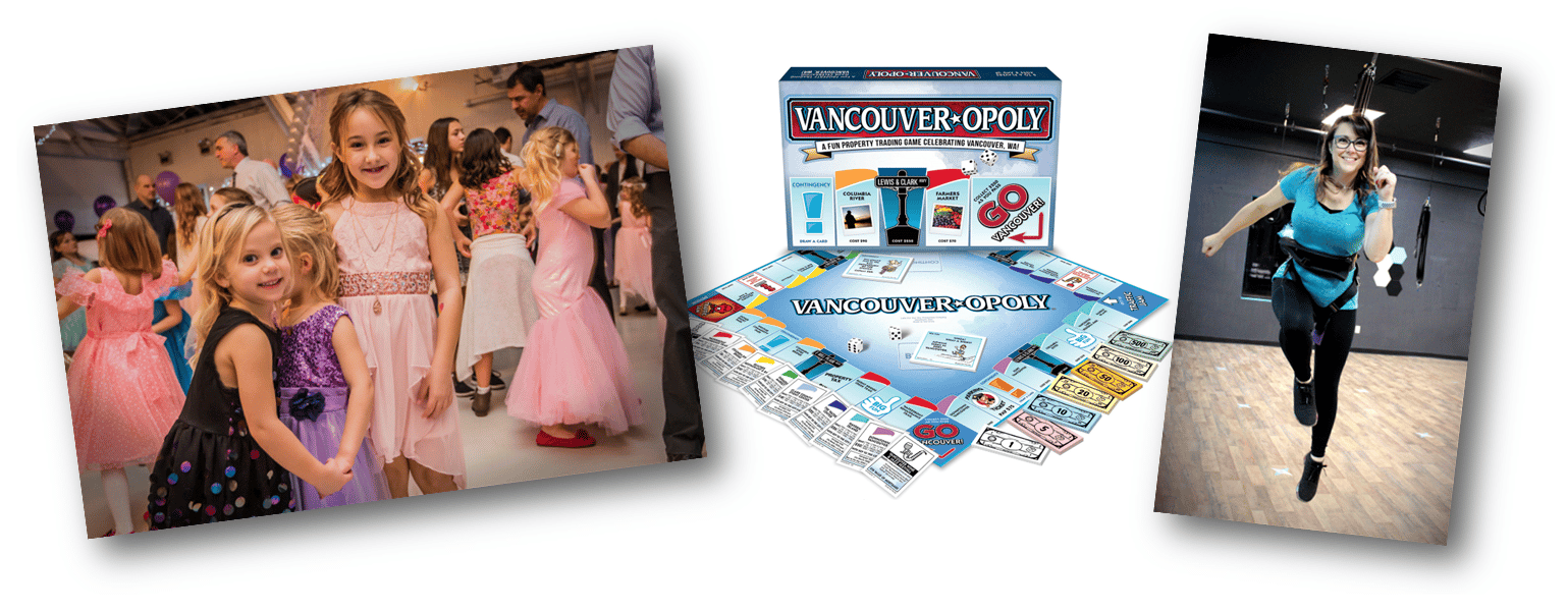 Three photos show a group of girls dancing with fancy dresses on, a Monopoly-style board game, and a smiling woman in a bungee harness