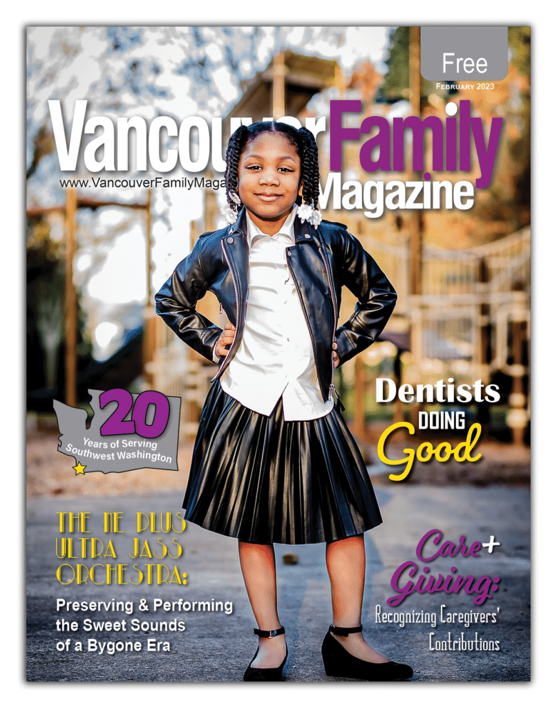 Vancouver Family Magazine's February 2023 issue features a Black girl in a black leather jacket standing confidently with her hands on her hips