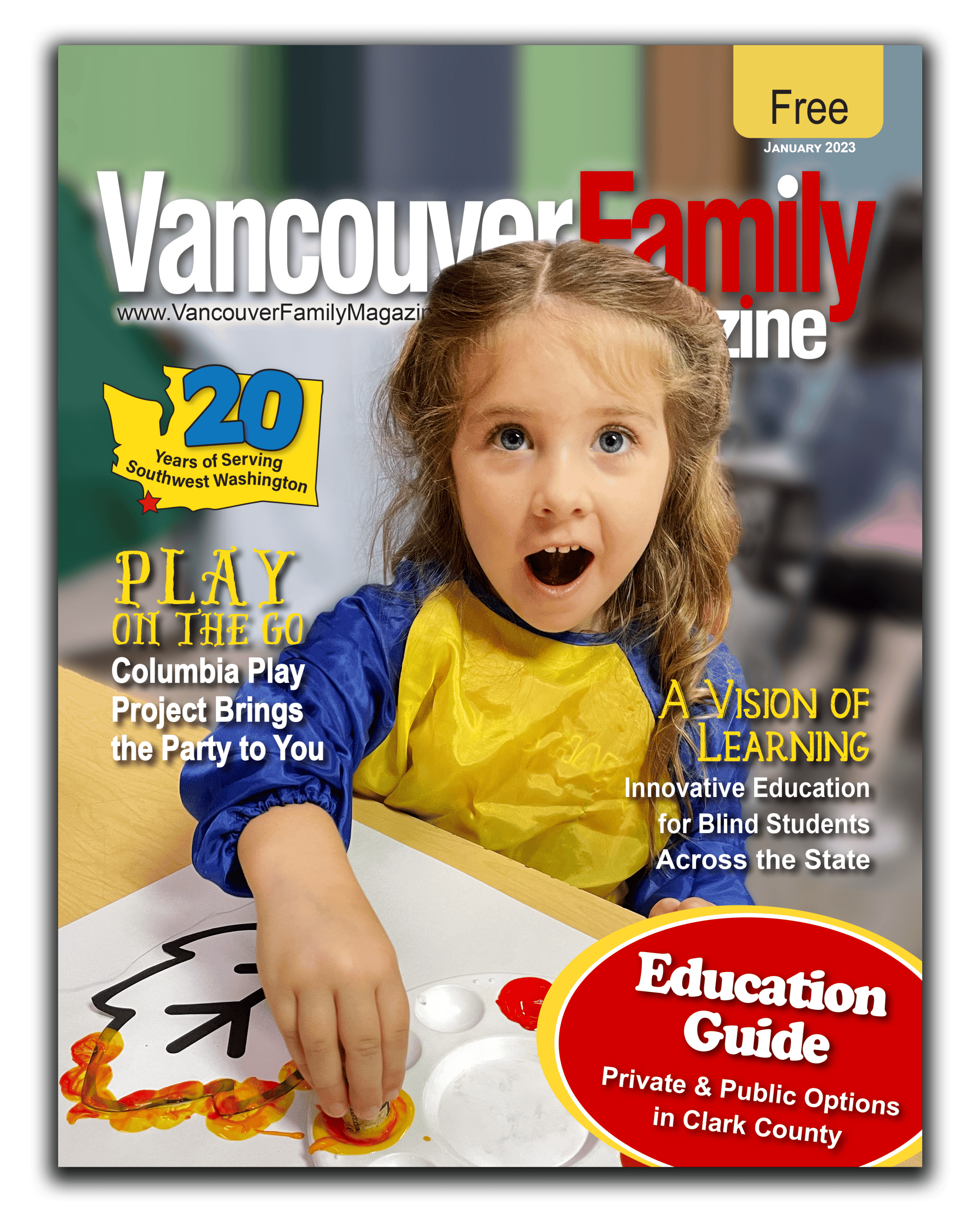 January 2023 issue cover of Vancouver Family Magazine, featuring a young girl painting while looking up at the camera with her mouth open in discovery