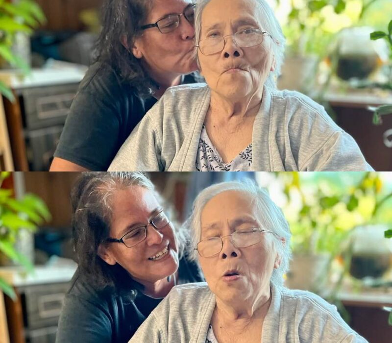 Two photos of two older women smiling at the camera. In the first photo, the younger woman kisses the older woman (her mother) on the cheek