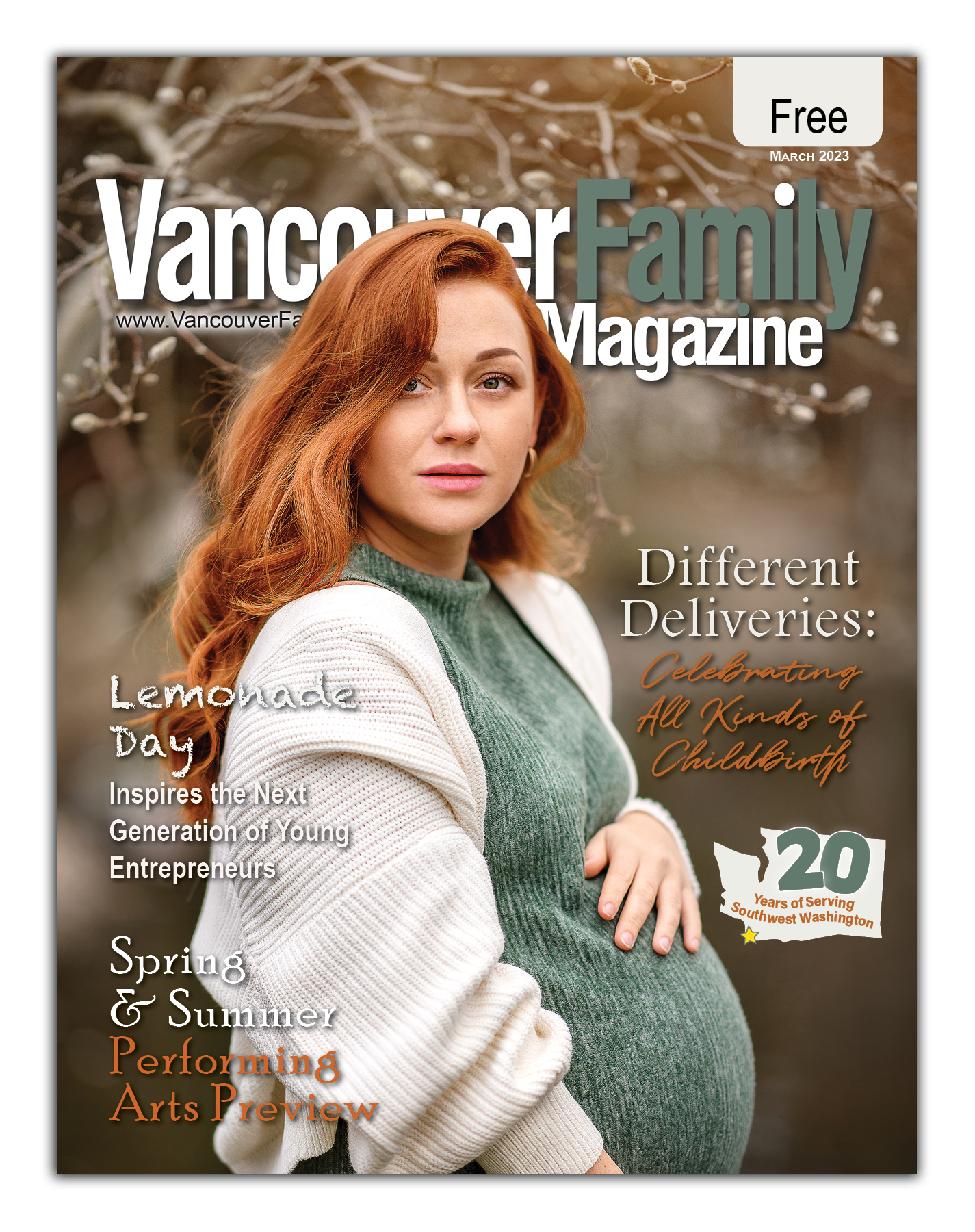Vancouver Family Magazine's March 2023 cover features a pregnant woman with long red hair