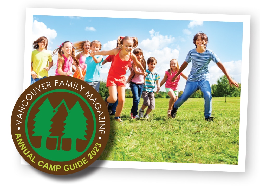 A photo of kids running through a field of green grass, with a badge over the photo that says Vancouver Family Magazine Annual Camp Guide 2023