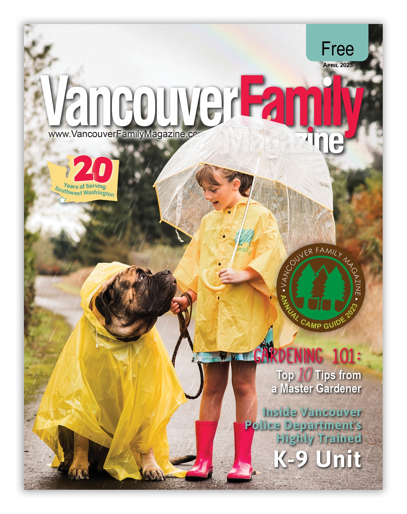 Vancouver Family Magazine's April 2023 issue cover features a girls wearing a yellow raincoat and holding an umbrella, joined by a large dog also wearing a yellow rain poncho. The girl and dog are looking at one another.