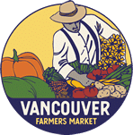 An illustration of a man in overalls and a tan hat amongst colorful fruits and vegetables