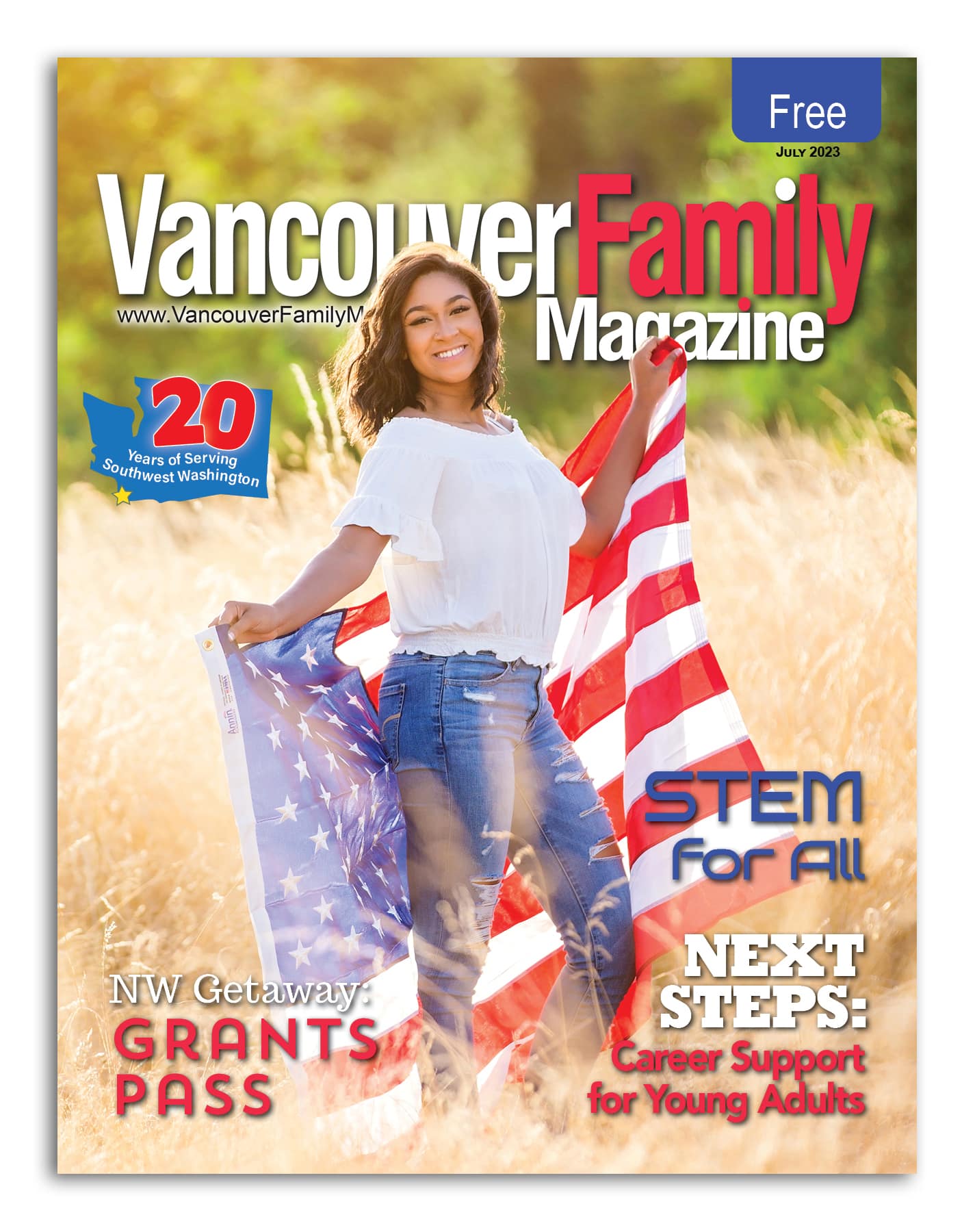 Vancouver Family Magazine's July 2023 issue features a young woman holding an American flag outside
