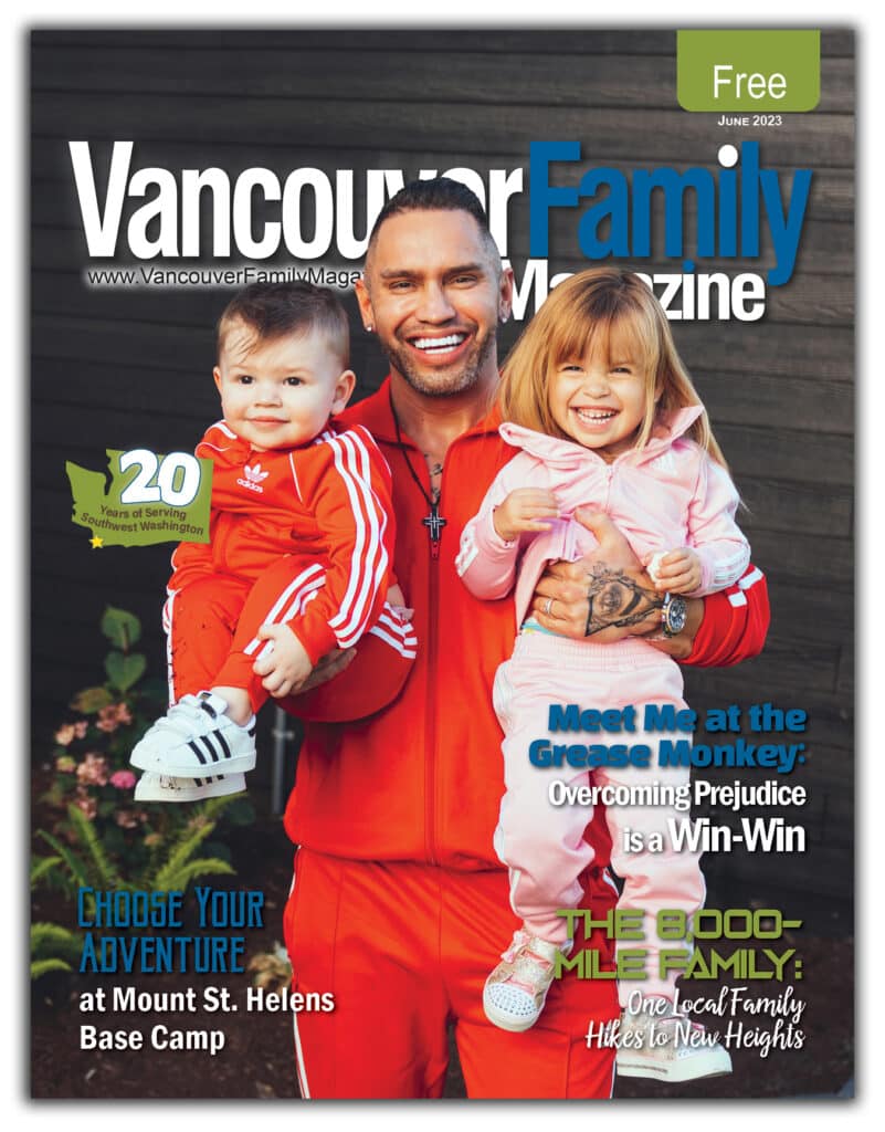 Vancouver Family Magazine's June 2023 issue features a man in a red track suit holding two kids. All are smiling broadly