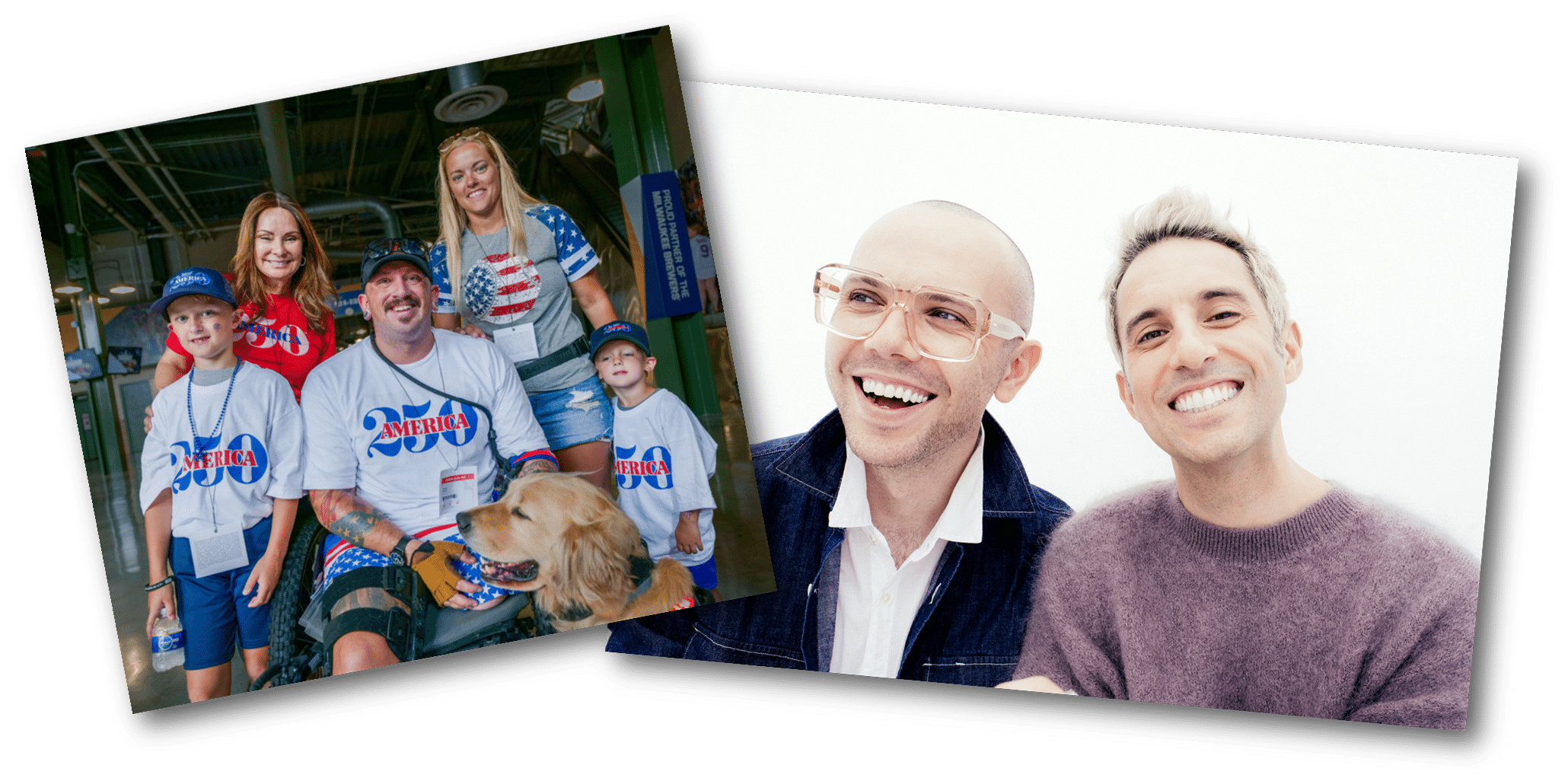 Two photos show a family in shirts that say "America 250" and two men smiling at the camera