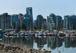 Tall buildings and boat marina in Vancouver, British Columbia, Canada