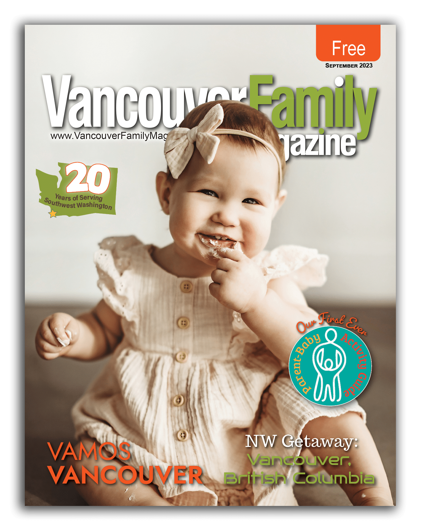 Vancouver Family Magazine's September 2023 issue cover features a baby sitting on the floor happily eating cake