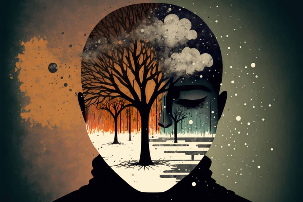 Illustration of a face with one half full of leafless trees, the other half full of clouds and blue/gray sky