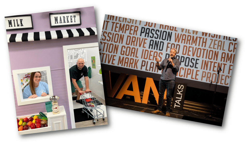 At left: A man and a woman smile inside a kids' play market at City Play for Kids. At right: a man speaks on stage