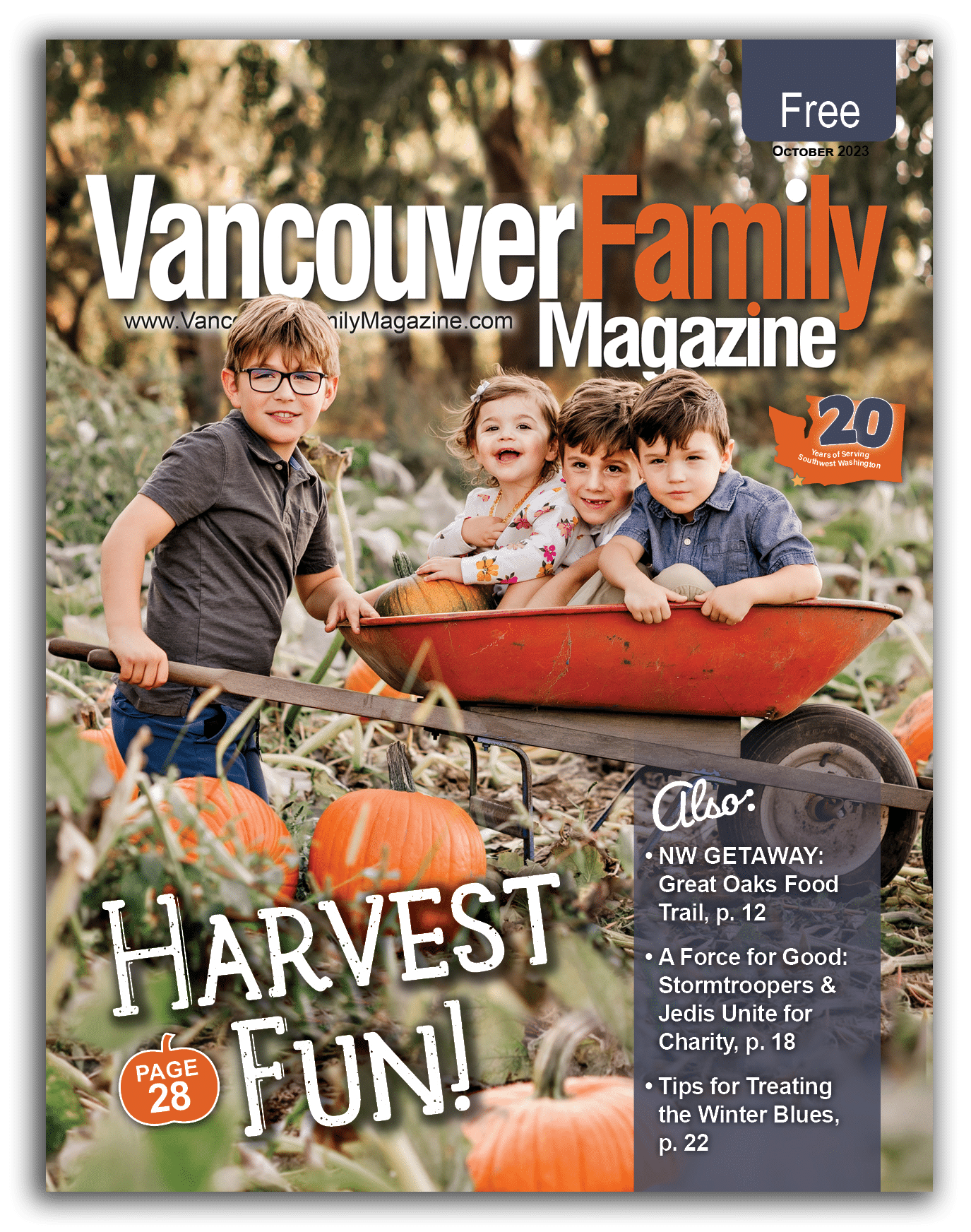 Vancouver Family Magazine's October 2023 issue cover features an older kid pushing 3 younger kids in a wheelbarrow through a pumpkin patch
