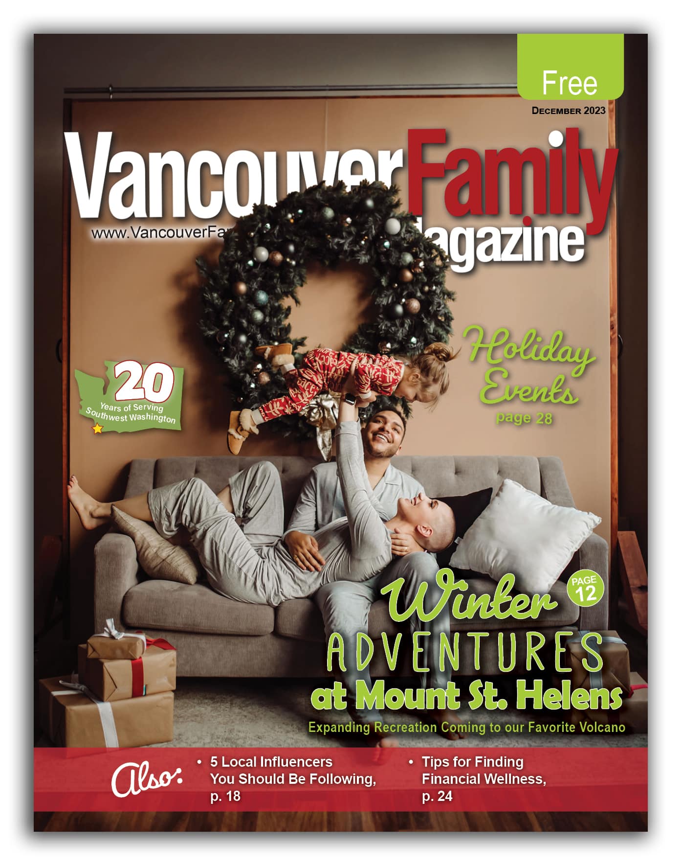 Vancouver Family Magazine December 2023 issue features a family on a couch with a wreath behind them