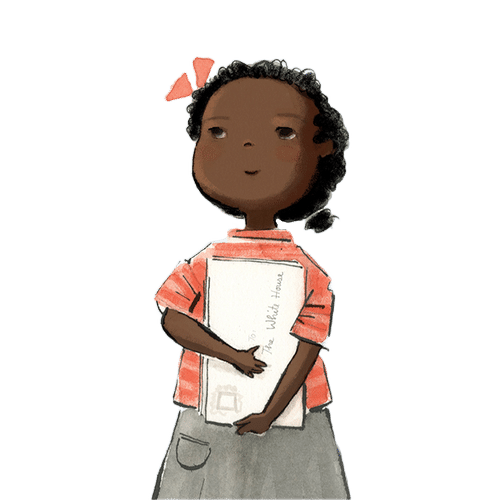 Illustration of a black girl holding a stack of papers while smiling softly