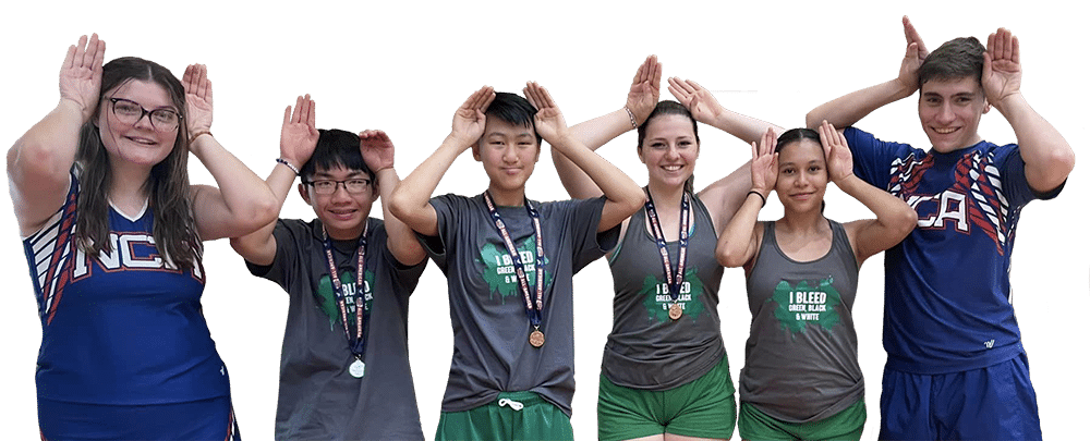 4 teens and 2 young adults, all in athletic clothing, face the camera and make the ASL sign for "terrier", the mascot for Washington School for the Deaf
