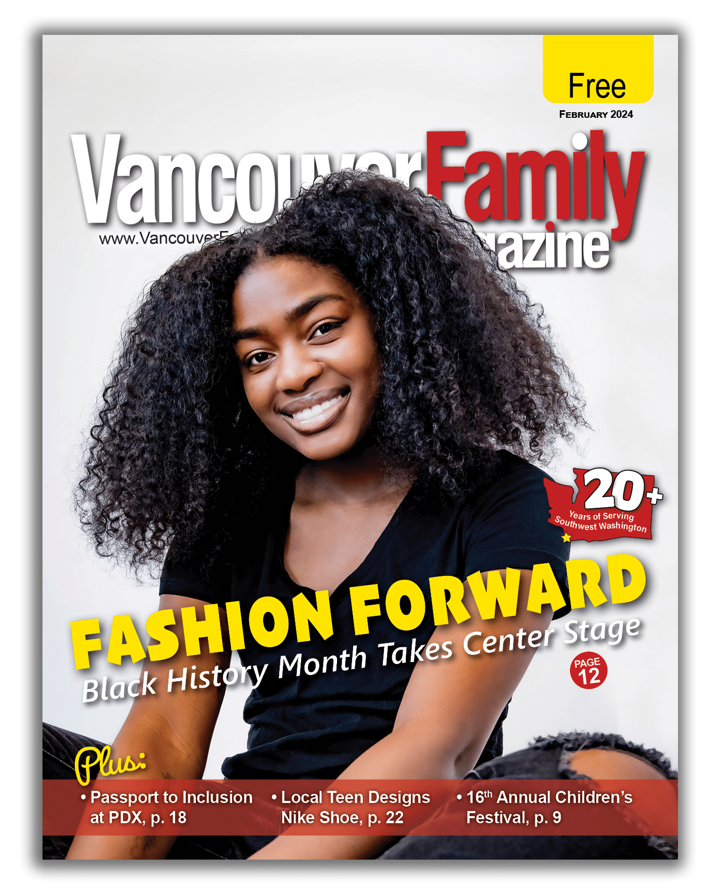 Vancouver Family Magazine February 2024 issue cover features a Black teen sitting cross-legged smiling widely