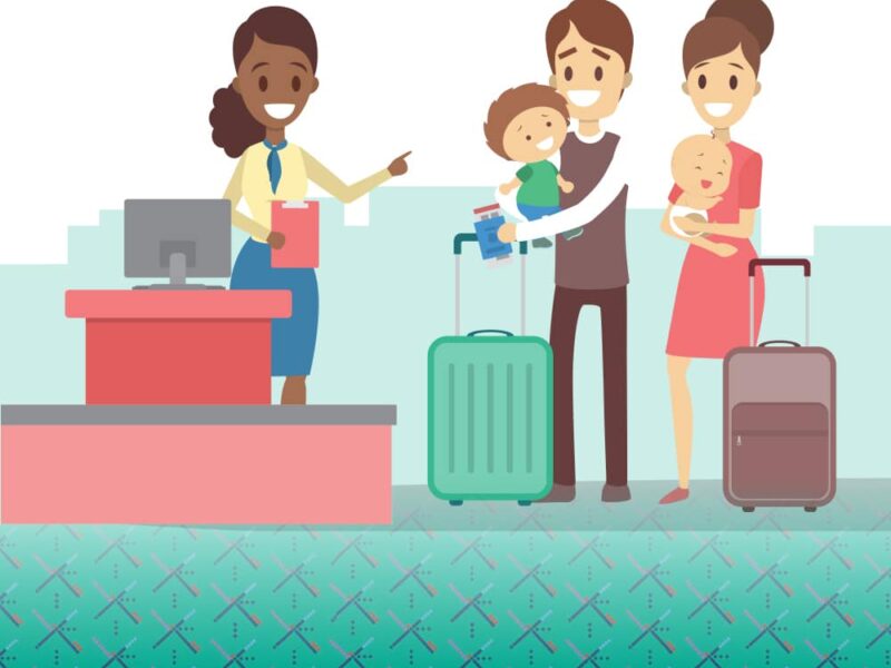 Illustration of two parents with two babies and rolling luggage approach an airport gate