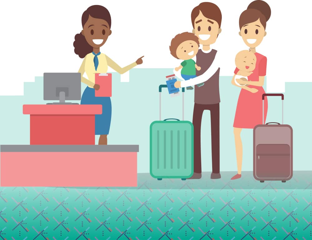 Illustration of two parents with two babies and rolling luggage approach an airport gate