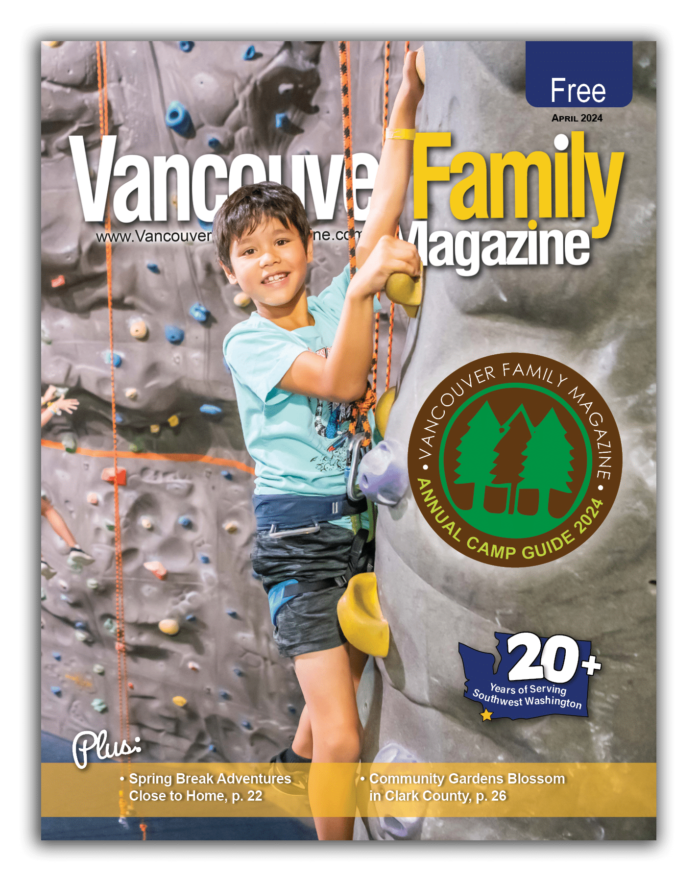 Vancouver Family Magazine April 2024 issue features a boy climbing on an artificial rock wall