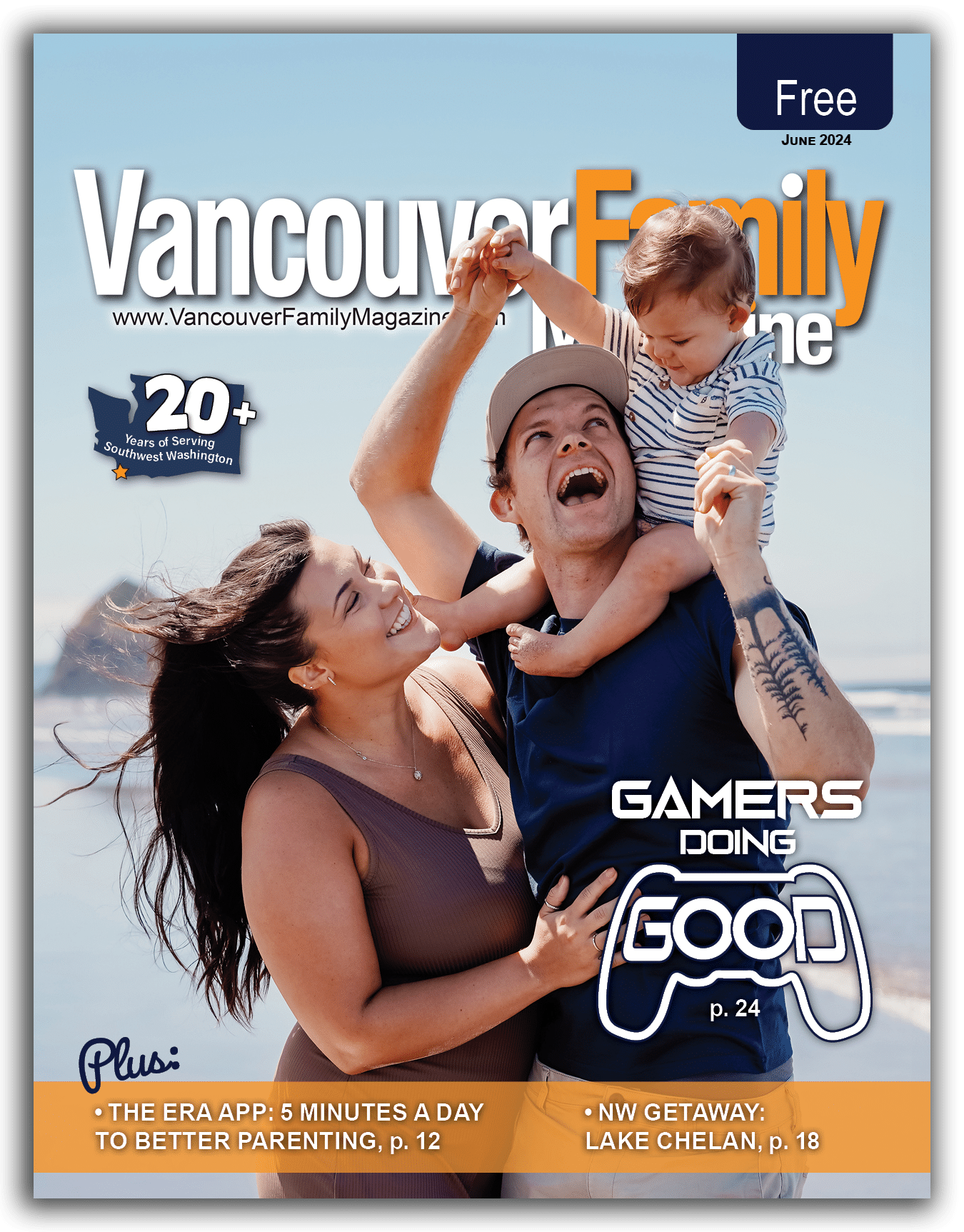 Vancouver Family Magazine's June 2024 issue cover features a young mother and father with a toddler perched on the father's shoulders. They are at the beach