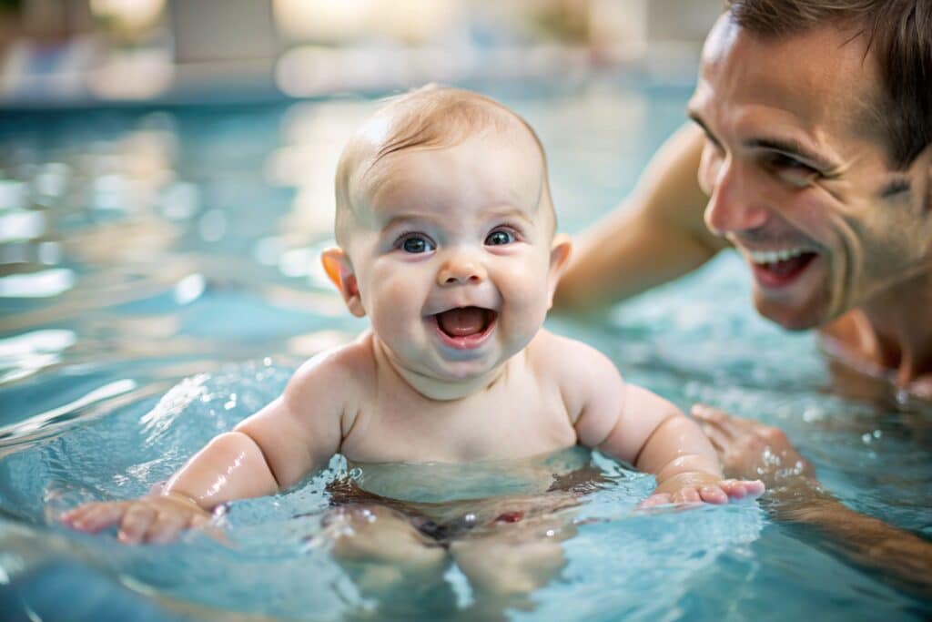 Baby play spaces in Clark County. A man plays with a baby in a pool