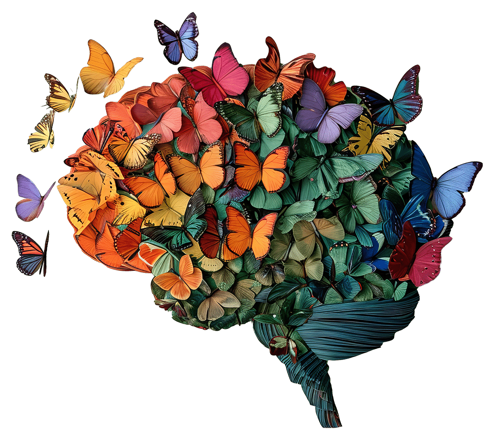 Neurodivergence diagnosis. A brain made of colorful butterflies