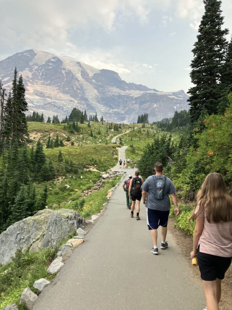 Hikers on the Skyline Trail walk
toward Mount Rainier